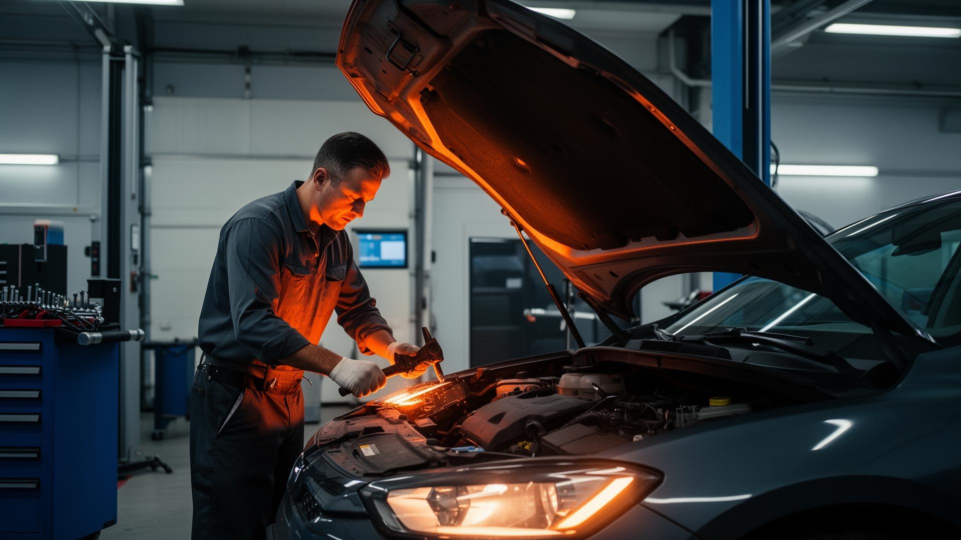 Mechanic working under the hood at ED's Mechanics